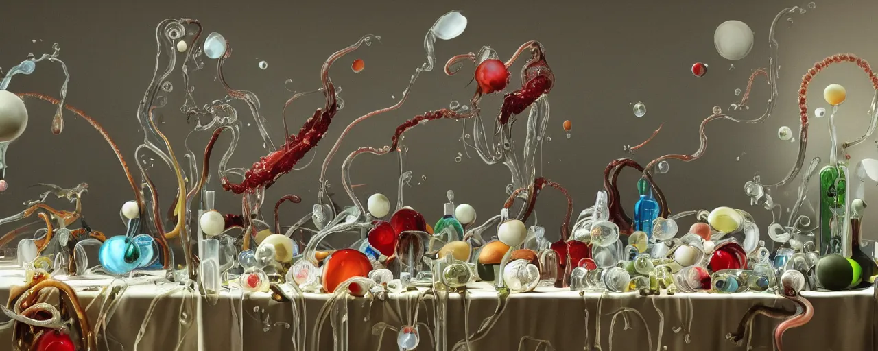 Prompt: ultradetailed minimalistic still life with jelly flowers by ernst haeckel, caravaggio, yves tanguy, roger dean and andrei tarkovsky, beautiful drapes, vases and bottles, colourful slime, single tentacle, few eyeballs, wide angle, cinematic, rich colour scheme, ethereal, octane render, bokeh, unreal engine, 4k 3d render