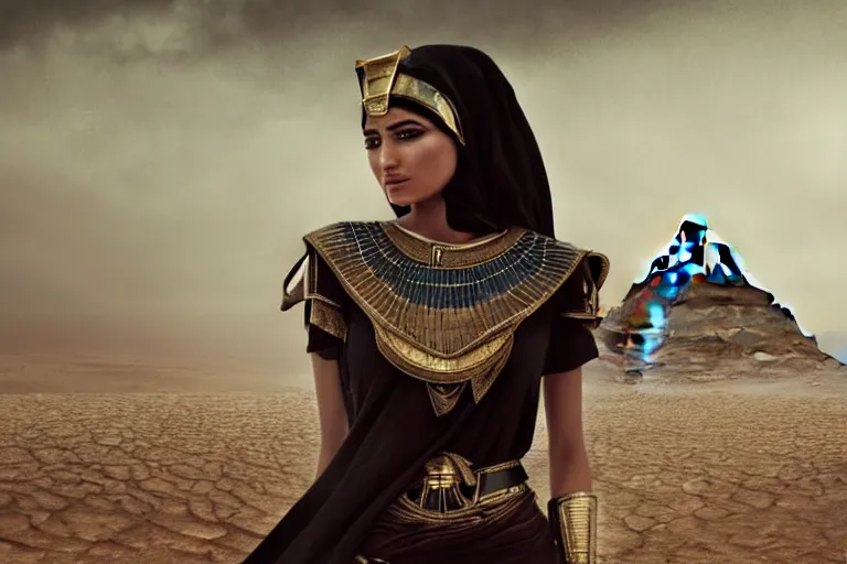 Prompt: a cinematic photograph of a beautiful woman wearing egyptian clothing stood on a pyramid overlooking a vast dystopian desert landscape with a river, rainy day, beautiful lighting, depth, accurate details, by marco mazzoni and zack snyder