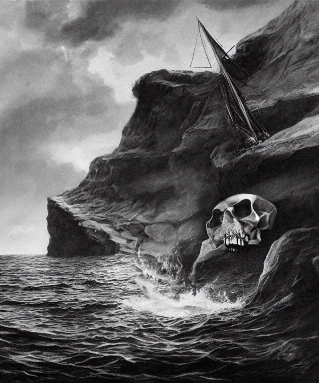 Image similar to photorealistic painting of a 1 9 2 5 seiner sailing near a tropical skull - shaped cliff with the mouth of a sea cave at the waterline, dark, brooding, atmospheric, lovecraft, horror, smooth, epic, highly detailed, cinematic, by larry elmore