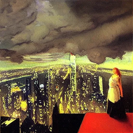 Prompt: “ a girl looking down at a futuristic!!!!!! new york city below, ghostpunk!!!!, neon lights, storm clouds, rain!!!!!!, oil painting, by george bellows ”