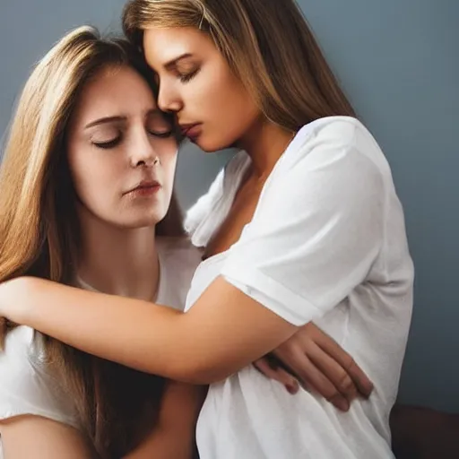 Prompt: photo of a beautiful angel woman comforting a woman