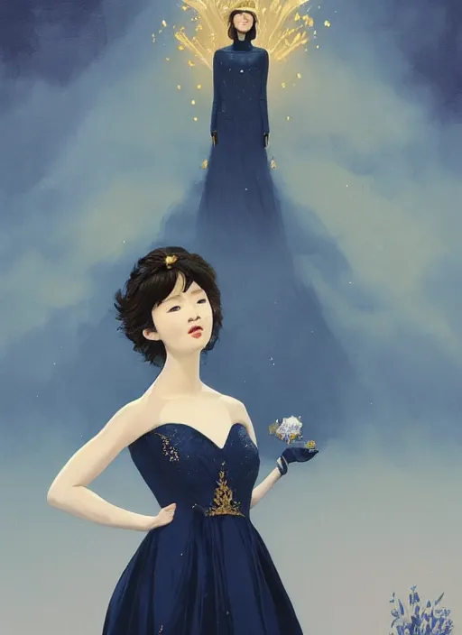 Image similar to full - length portrait of a park so - dam, dressed in a navy blue gown with gold embroidered details, golden brown hair, detailed face, fantasy, cinematic lighting, digital art painting, fine details by realistic shaded lighting poster by ilya kuvshinov katsuhiro otomo, magali villeneuve, artgerm, jeremy lipkin and michael garmash and rob rey