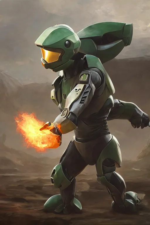 Image similar to hitmonlee pokemon playing as master chief, oil on canvas, intricate, 8 k highly professionally detailed, hdr, cgsociety