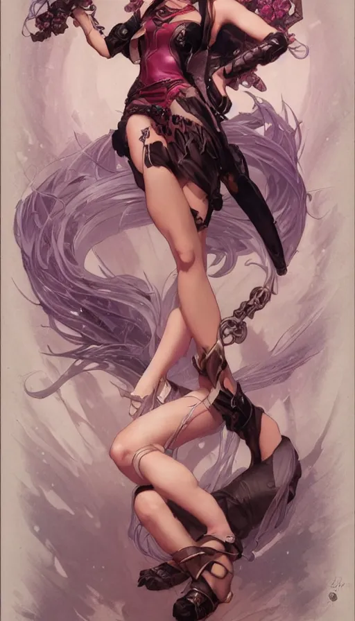 Image similar to jinx from league of legends in a pinup pose by artgerm, greg rutkowski and alphonse mucha, concept art, matte, intricate, full body, epic composition