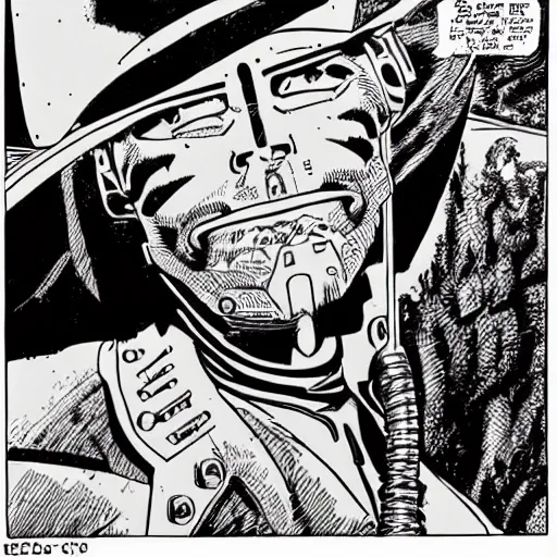 Image similar to cyborg cowboy, highly detailed, ron cobb, moebius, mike mignola