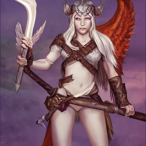 Prompt: tiefling female with angel wings stands with her spear, her young owlbear companion by her side, slight smile, D&D, HD, HDR, Highly detailed, pathfinder,