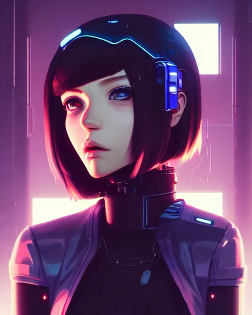 Image similar to a comic potrait of a cyberpunk cyborg girl with big and cute eyes, fine - face, realistic shaded perfect face, fine details. night setting. very anime style. realistic shaded lighting poster by ilya kuvshinov katsuhiro, unreal engine, global illumination, radiant light, detailed and intricate environment