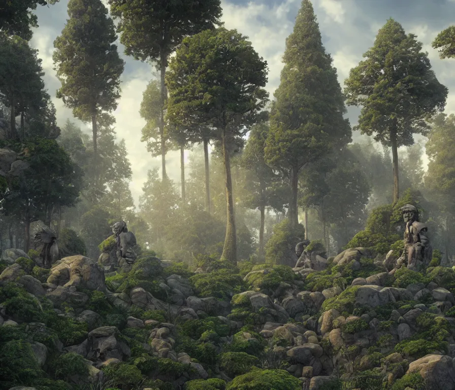 Prompt: a beautiful hyperrealistic detailed 3 d render of colossal golems guarding a wall of infinite pine trees, by roberto robert, anton otto fischer, atey ghailan, unreal engine, octane render, epic, 3 d, intricate, ultra wide, artstation, volumetric lighting, hdr, polished, micro details, ray tracing, 8 k