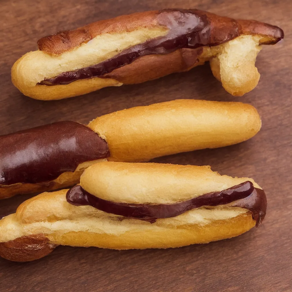Image similar to close up view of eclair on top of a wooden table, 8k, photorealistic, proper shading
