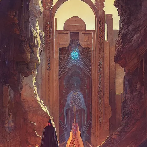 Image similar to art nouveau gate leading into rock-cut cyberpunk temple with Nabatean geometric decorations, figures cloaked in robes standing outside, hardy desert bushes, science fiction concept art by greg rutkowski and wayne barlowe and alphonse mucha