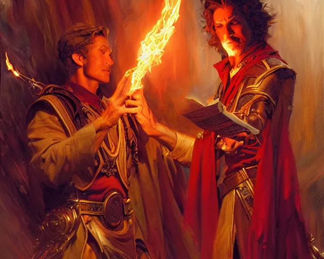 Image similar to attractive wizard casting powerful fire spell. highly detailed painting by gaston bussiere, craig mullins, j. c. leyendecker 8 k
