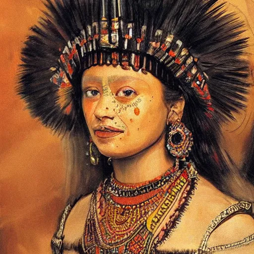 Prompt: Aztec princess portrait, painting by Rembrandt, concept art, intricate details