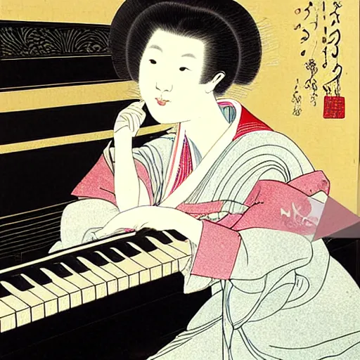 Image similar to girl with curly blonde hair sitting at a piano, painting by utamaro