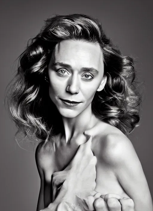 Image similar to portrait of beautiful female tom hiddleston by mario testino, headshot, detailed, award winning, sony a 7 r