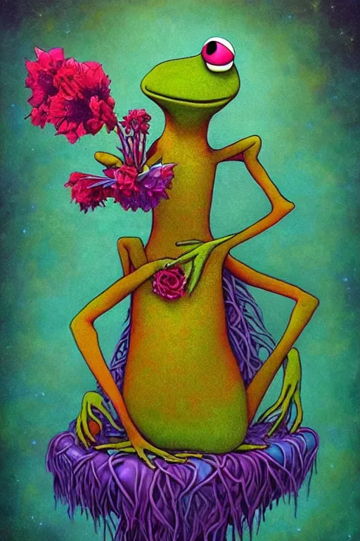 Image similar to surreal Kermit the Frog, magic realism, flowerpunk, mysterious, vivid colors, contrast, clarity, by andy kehoe