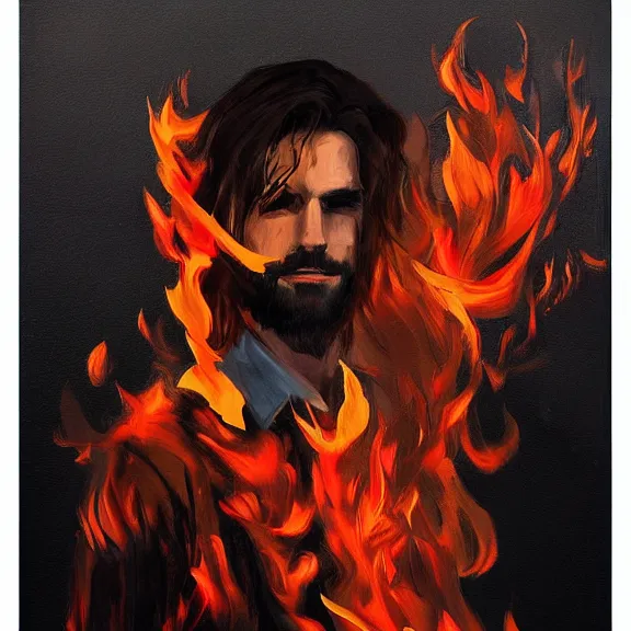 Image similar to abstract painting of man on fire. Handsome. Long hair. portrait. ArtStation. Impressionist. Silouette.