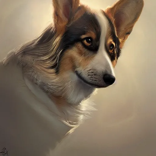 Prompt: portrait of a young, ruggedly handsome corgi, soft hair, muscular, half body, cloth, hairy, d & d, fantasy, intricate, elegant, highly detailed, digital painting, artstation, concept art, smooth, sharp focus, illustration, art by artgerm and greg rutkowski and alphonse mucha