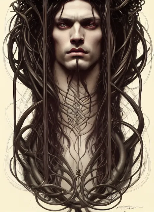 Prompt: symmetry!! portrait of a male version of medusa, gothic, dark, intricate, elegant, highly detailed, digital painting, artstation, concept art, smooth, sharp focus, illustration, art by artgerm and greg rutkowski and alphonse mucha