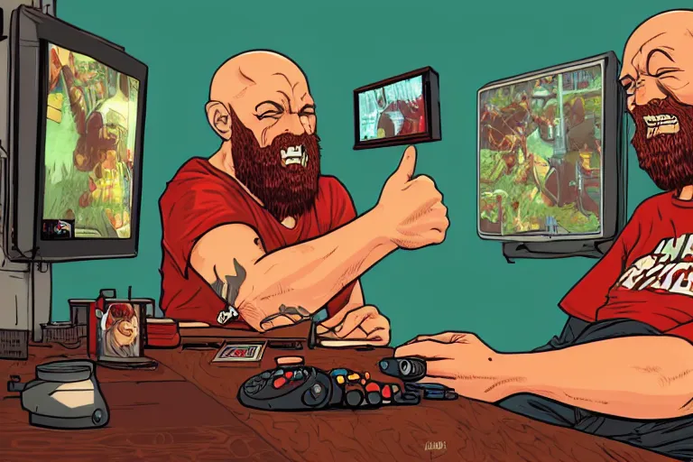 Image similar to a bald man with a big red beard playing video games by dan mumford and sandra chevrier, 4 k