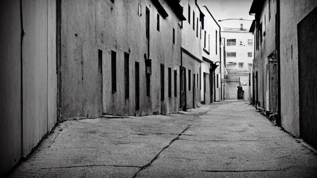Prompt: An alley of a street grayscale. Grain effect.