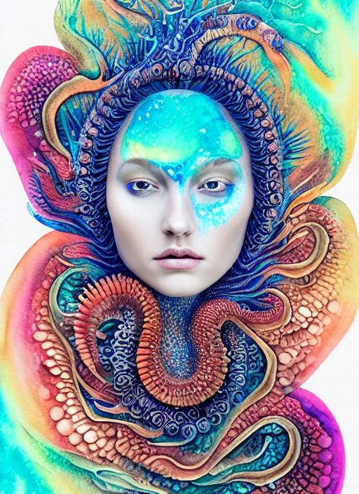 Prompt: ridiculously beautiful young womans face in water color, layers of intricate swirling dimensions, coral, sea dragons, scales, tropical fish, symmetrical, in the style of ernst haeckel, effervescent bubbles, sacred geometry, surrealism, photo realistic, epic and cinematic, 3 d, clear, sharp,