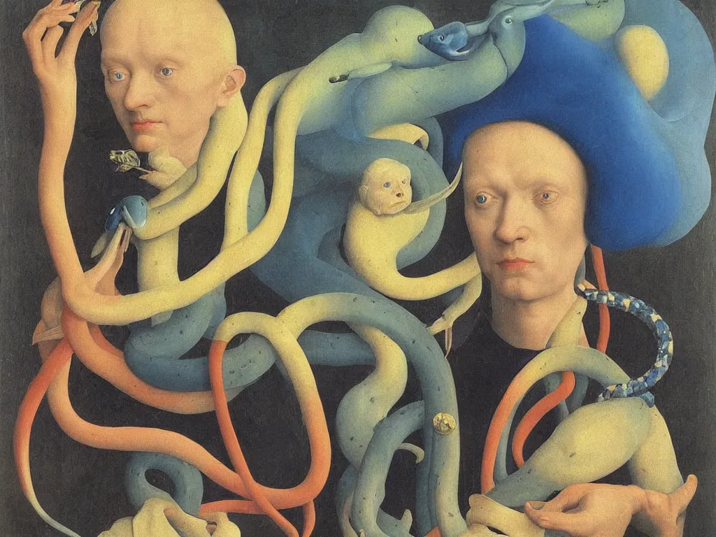 Prompt: Portrait of albino mystic with blue eyes, with exotic beautiful snake. Painting by Jan van Eyck, Audubon, Rene Magritte, Agnes Pelton, Max Ernst, Walton Ford