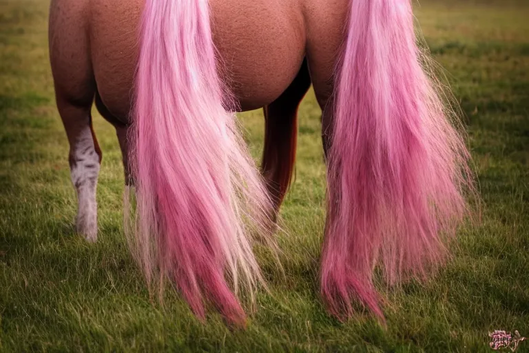 Image similar to Pinkie Pie equine, view from behind, pony facing away, professional photography and mood lighting, equine photo, sitting down, flowing mane and tail, relaxed expression