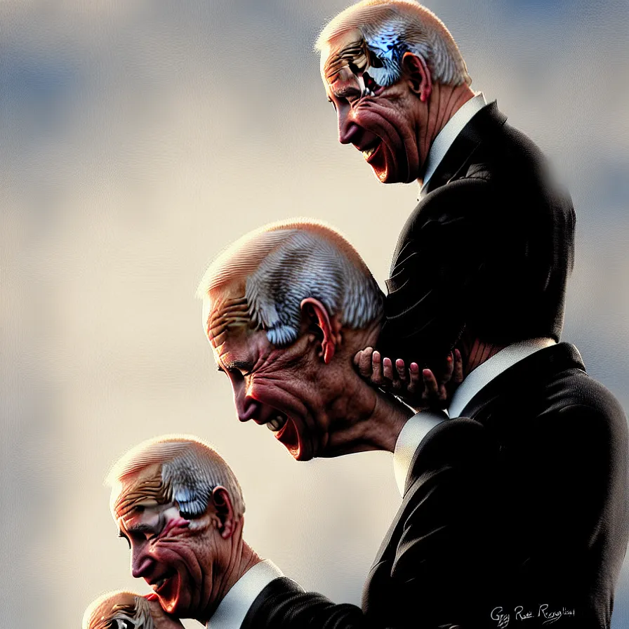 Prompt: putin kisses biden, detailed digital art by greg rutkowski.