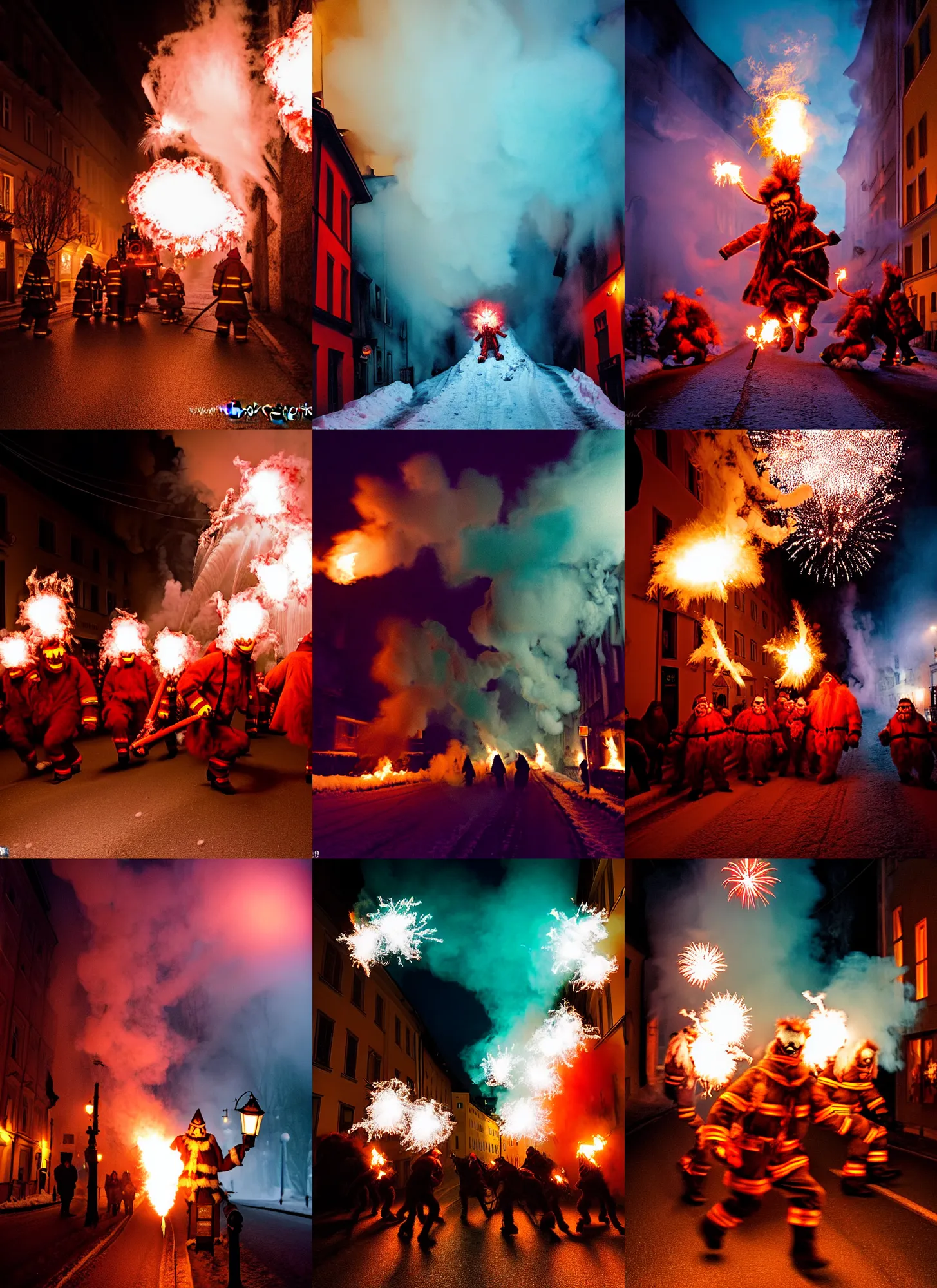 Prompt: kodak portra 4 0 0, winter, hellfire, award winning dynamic photograph of a bunch of hazardous krampus between exploding fire barrels by robert capas, motion blur, in a narrow lane in salzburg at night with colourful pyro fireworks and torches, teal lights