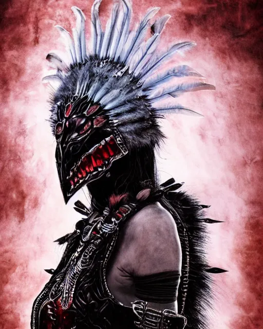 Image similar to wolf - human hybrid mutant ghost - spirit of the grim - warpaint wears the scarlet skull armor and native blood headdress feathers, midnight fog - mist!, dark oil painting colors, realism, cinematic lighting, various refining methods, micro macro autofocus, ultra definition, award winning photo, photograph by ghostwave - gammell - giger - shadowlord