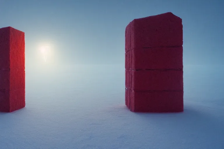 Image similar to a red tesseract buried in snow, surreal frozen landscape, 8 k, cinematic lighting, by beeple and zdzisław beksinski