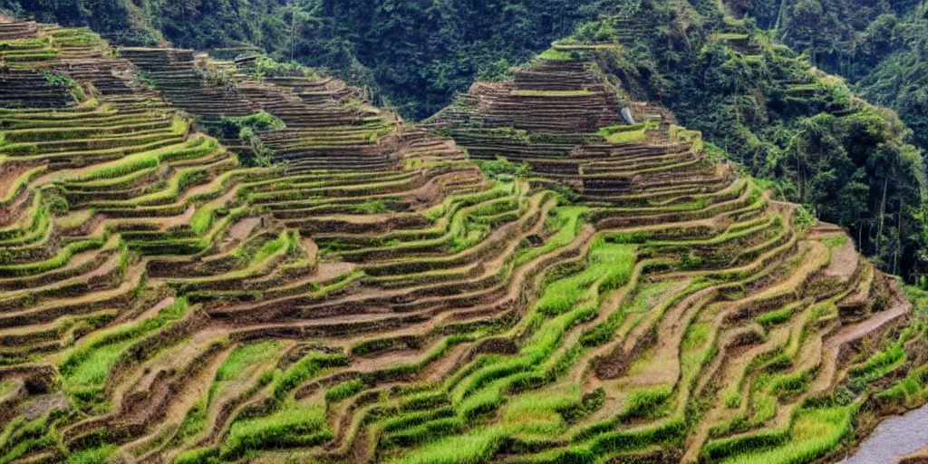 Prompt: a photo of Ifugao rice terraces in the Philippines with futuristic and modern farming equipment and alien structures