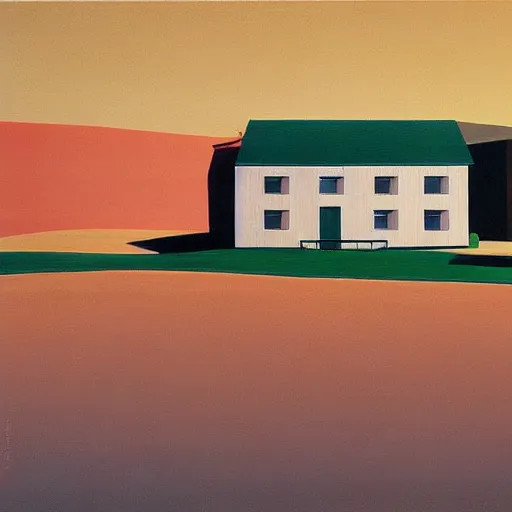 Image similar to dreaming futuristic rural landscape with modern houses, painted by Alex Katz and Edward Hopper, airbrush, highly detailed