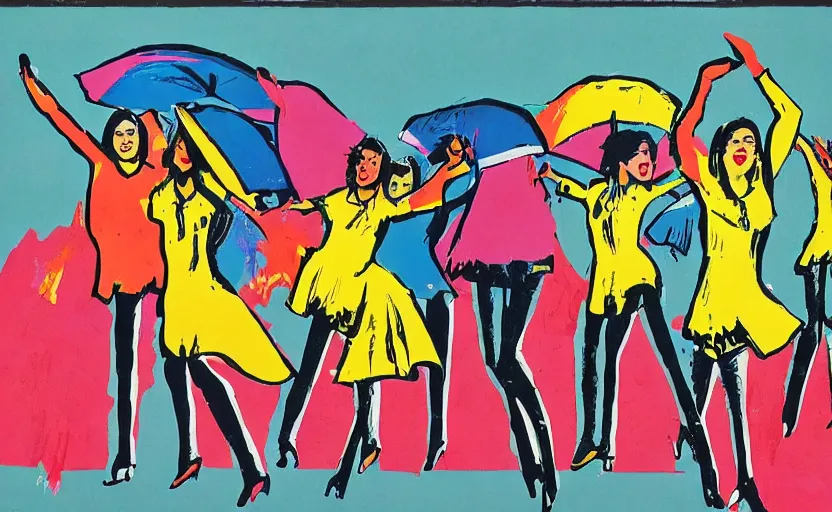 Prompt: women dancing in the rain, pop art, lithograph, 1 9 6 0 s, vibrant, positive, energetic, striking