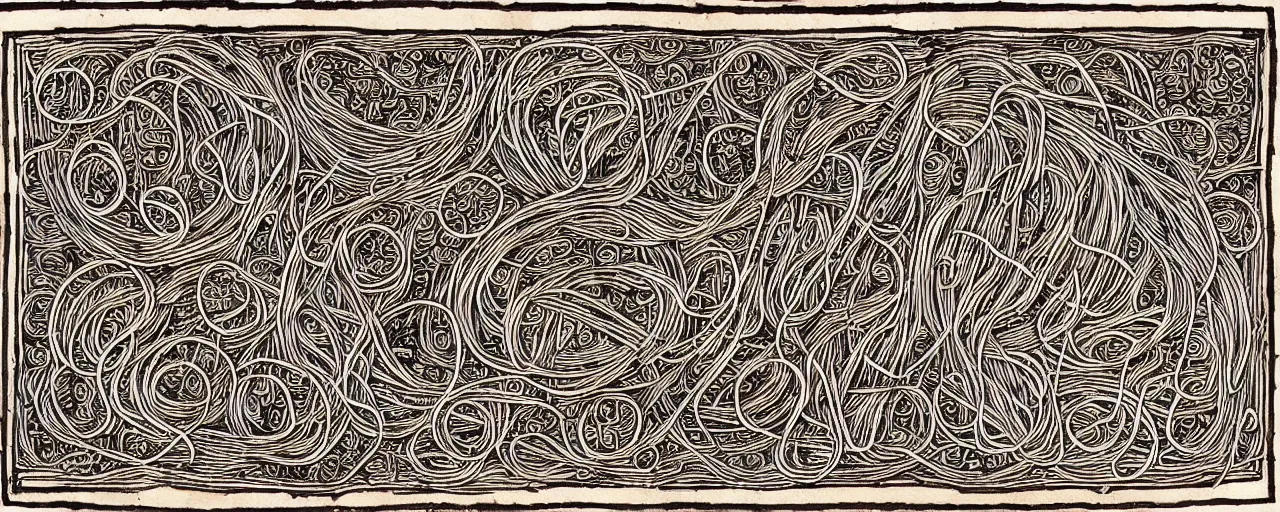 Image similar to ancient book with images of spaghetti, in the style of the popol vuh, fine detail,