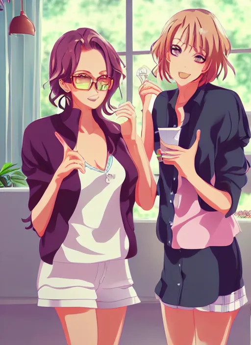 Image similar to two beautiful mature women in a summer home, casual summer clothes, gorgeous faces, thick lines, cinematic lighting, detailed anime art