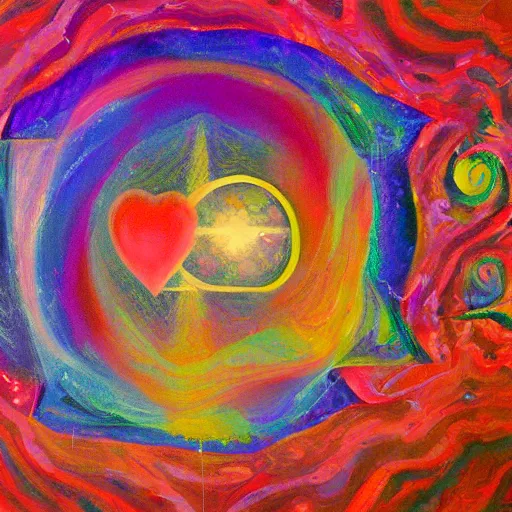 Image similar to love and the first law of thermodynamics, oil painting, vivid, psychedelic