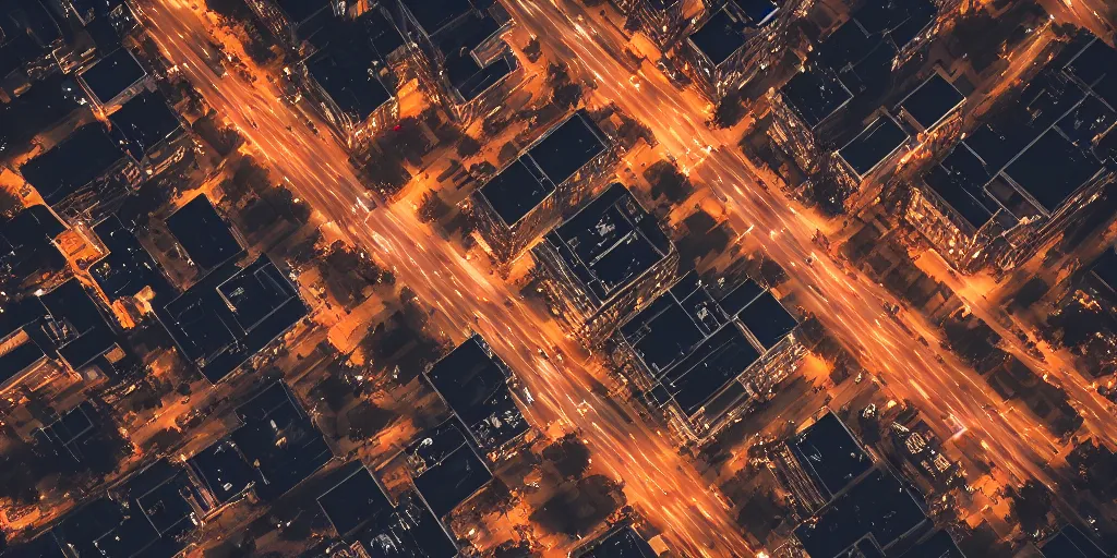 Image similar to a city street at night, raining, photograph, cyberpunk, sharp focus, intricate detail, drone shot,