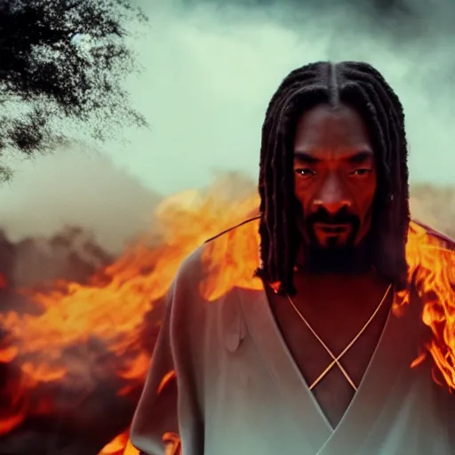 Prompt: cinematic film still of Snoop Dogg starring as a Samurai holding fire, Asian CGI, VFX, 2022, 40mm lens, shallow depth of field, film photography