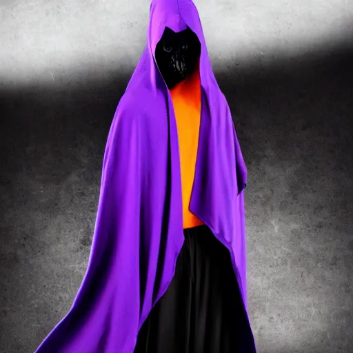 Image similar to grim reaper, purple cloak, full body