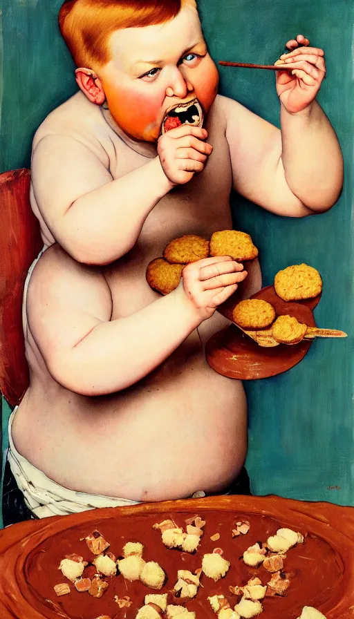 Image similar to painting of a ginger hair chubby boy eating a delicious cholocate chunks cookies, buzz cut, america, norman rockwell