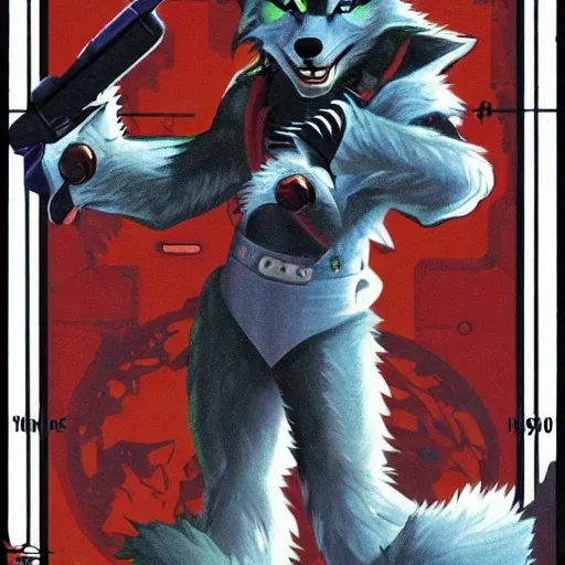 Image similar to 1 9 8 0 s video game art of anthropomorphic wolf o'donnell from starfox fursona furry wolf in a dark space mercenary uniform, looking heroic, magazine scan, 8 0 s game box art, dark grey wolf o'donnell