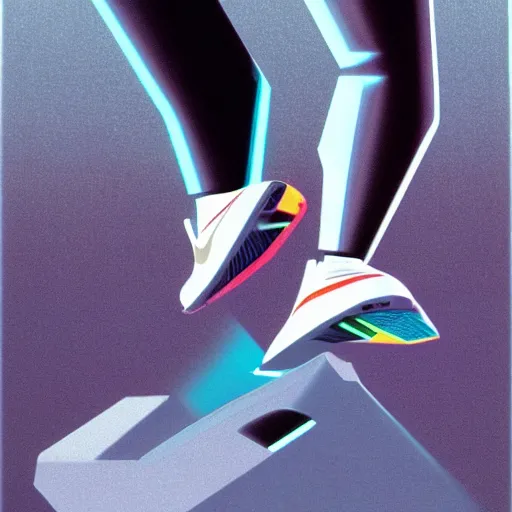 Image similar to retro futuristic Nike Air Mag sneakers by syd mead, grainy matte painting, geometric shapes