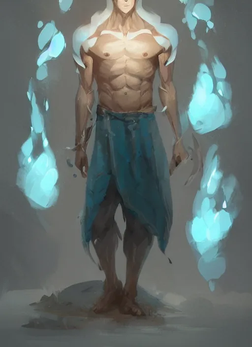 Image similar to a calm young adult male muscular slim blue elf with gey light clothes character design by greg rutkowski