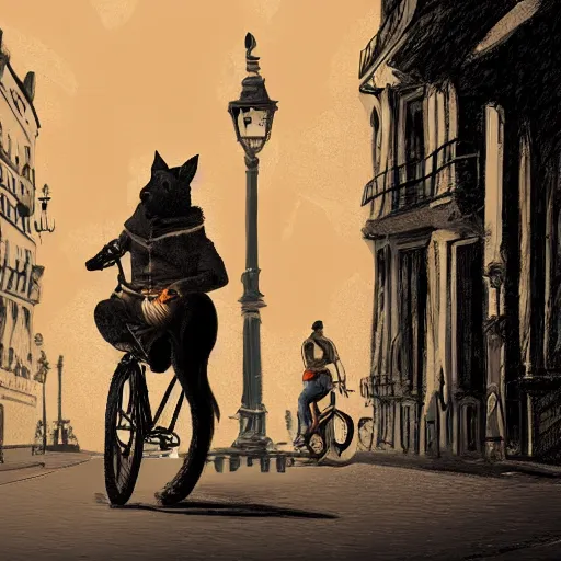Image similar to artstation digital illustration, a dog riding a bike in paris