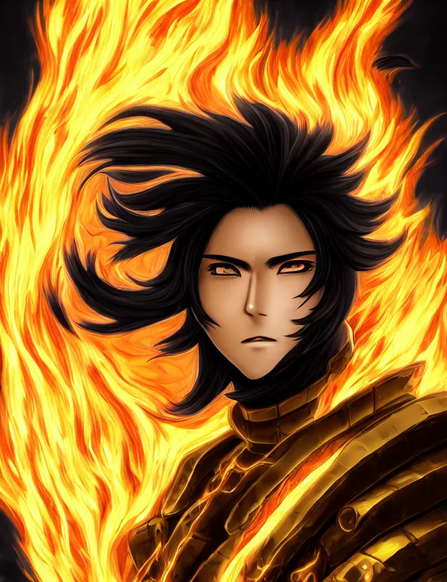 Image similar to a detailed manga portrait of a black haired man with hazel eyes in gleaming golden armour that burns with golden fire, trending on artstation, digital art, 4 k resolution, detailed, high quality, sharp focus, hq artwork, coherent, insane detail, character portrait