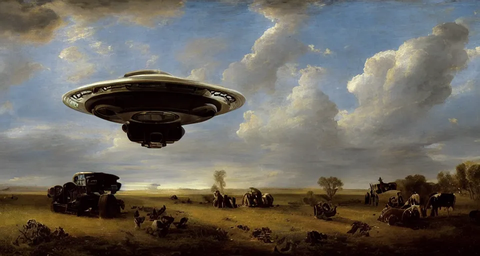 Image similar to Photograph of a UFO spacecraft mothership by Willem Cornelisz Duyster, a gentleman being pulled up in a tractor beam by Thomas Eakins and Franz Xaver Winterhalter in a field of cows, a 1950 rusted Ford Pickup Truck abandoned in the field, wide long view, f/11 aperture, unreal engine, deviant art, flickr, artstation, octane render, textured, colorful, hyperrealistic, physically based rendering, pbr render, very detailed, volumetric lighting, octane render, 4k, cinematic, 8k resolution,