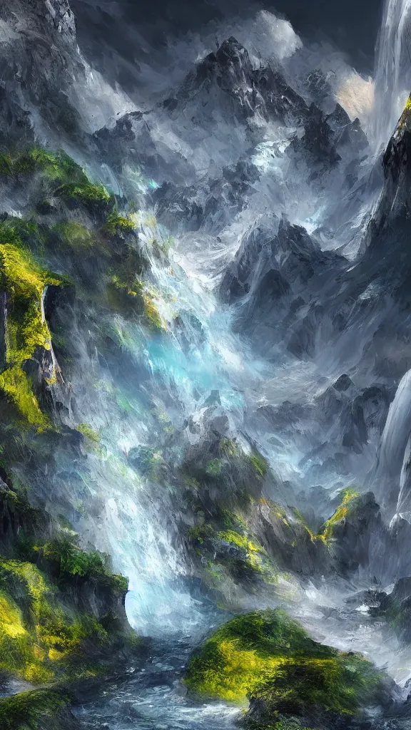 Image similar to highly detailed hd photo art of futuristic mountains and waterfall in the style of Greg Rutswoski, concept art, 8K detail post-processing