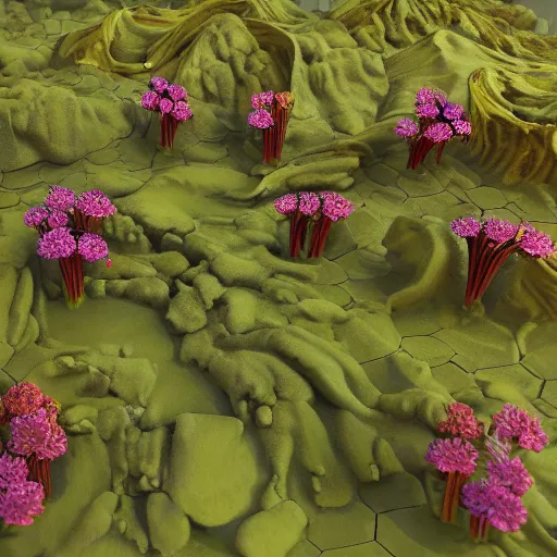 Prompt: a flowering alien landscape in the style of origami, 8 k, unreal engine, zbrush,
