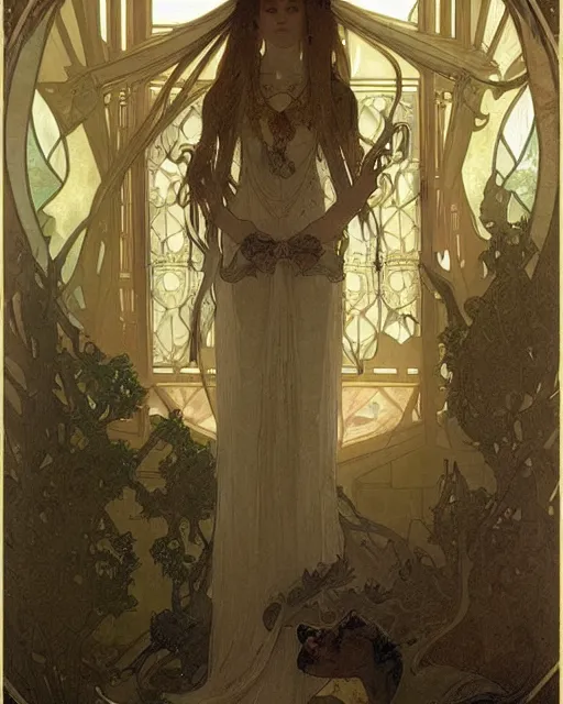 Prompt: inside the king's hall wolves and their treasures, ethereal, ominous, misty, 8 k, by alphonse mucha and greg rutkowski